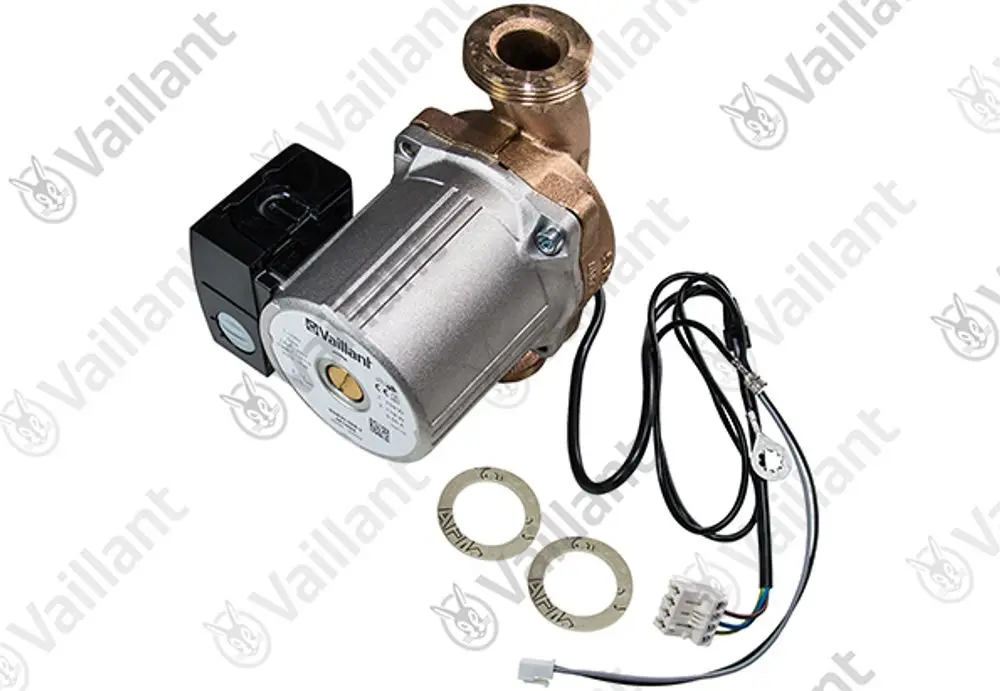 Vaillant Pumpe mit Kupfergehäuse und Motor, Anschlüsse und Kabel für elektrische Verbindung vorhanden. Zwei Dichtungen liegen bei.